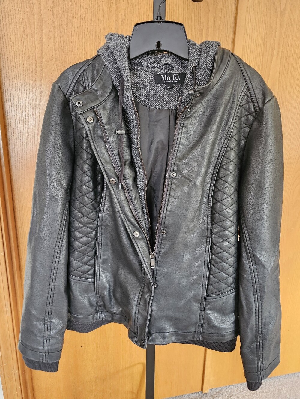 Black Quilted Faux Leather Hooded Jacket